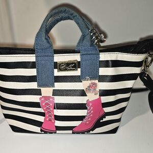 Vintage Betsey Johnson Black & White Striped Tote Bag with Pink Boot Design